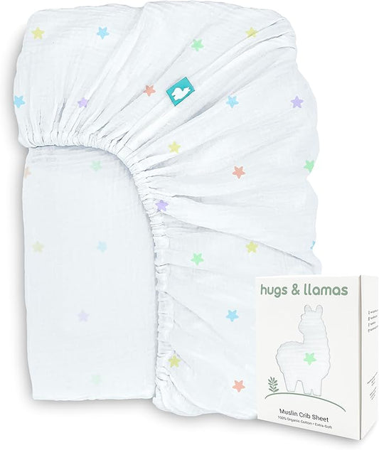 hugs & llamas | 100% Organic Cotton Muslin Fitted Crib Sheet | Premium Baby Crib Sheets for Boys & Girls Crib Fitted Sheet | Organic Crib Sheets Girl & Boy Crib Sheets Neutral | Crib Mattress Sheet