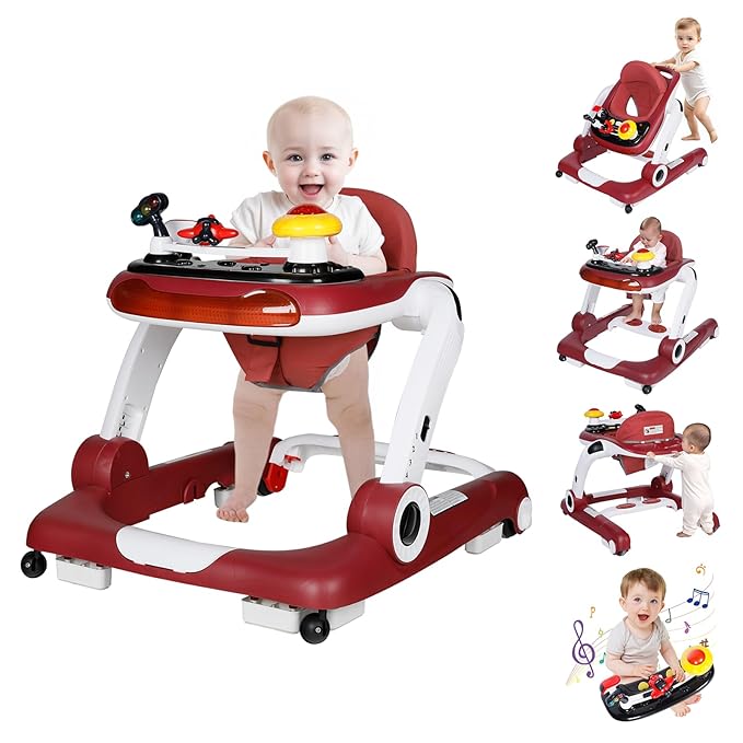 Kinder King Baby Walker with Music & Lights, 5 in 1 Baby Bouncer Activity Walker, Adjustable Height & Seat, Learning-Seated & Toddler Walk-Behind, Safety Bumper, Infant Walker Anti-Rollover, Red