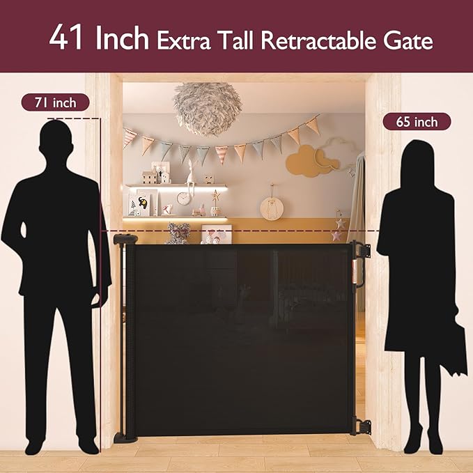 Retractable Baby Gate, Momcozy Extra Wide Mesh Baby Gates for Stairs, 41" Tall, Extends to 71" Wide, Black, Pet Dog Gate for Doorways, Stairs, Hallways, Indoor/Outdoor
