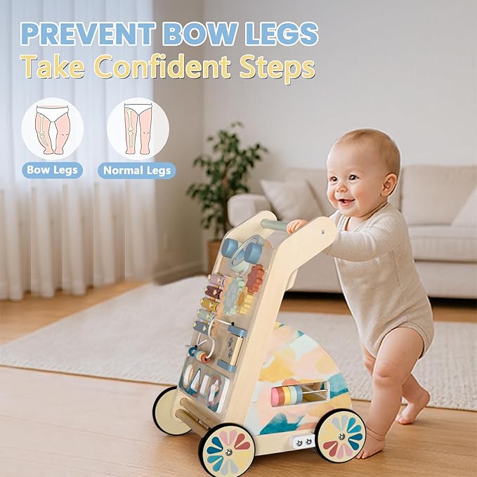 Wooden Baby Walker, Detachable Activity Busy Board, Baby Walking Toys Push Walkers for Babies 6-12 Months