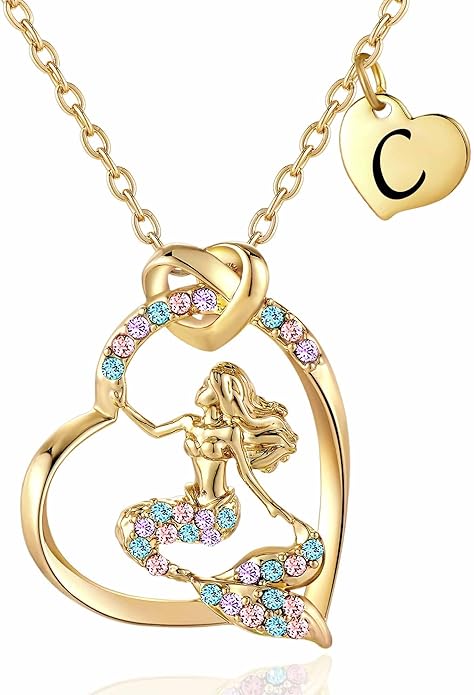 K-Acc 14K Gold-Plated Mermaid Initial Heart Necklace - Gifts for Girls