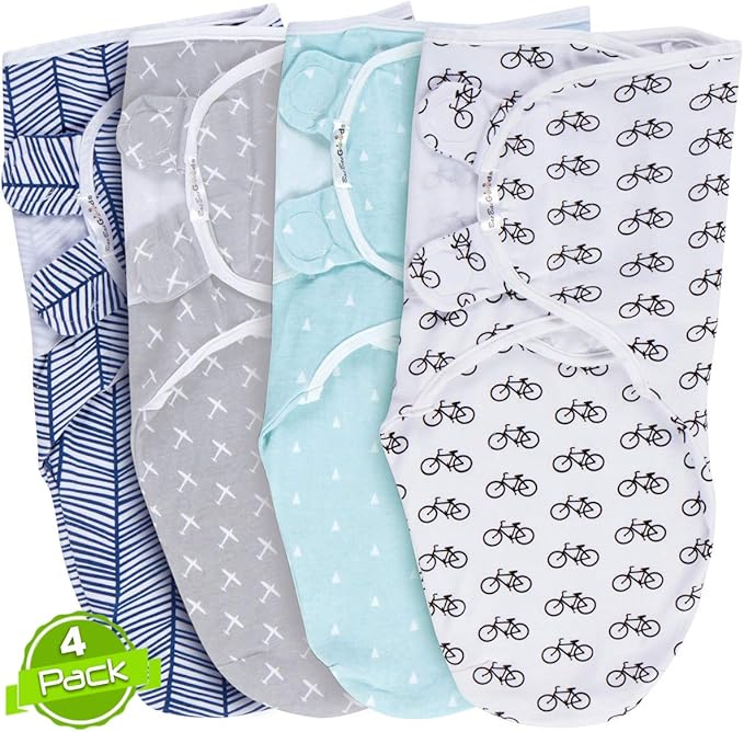 BaeBae Goods Swaddle Blanket, Adjustable Infant Baby Swaddling Wrap Set of 4, Baby Swaddling Wrap Blankets for Boys and Girls Made in Soft Cotton (0-3 Months, Black Bicycles)