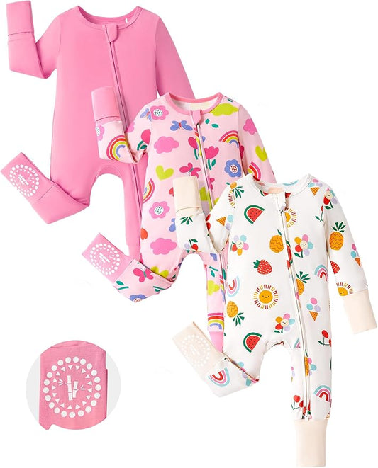 PATPAT Baby Footies Boys Girls - Bamboo Viscose - Zipper & Non-Slip Soles Romper Mitten - Footed & Footless Infant Clothes