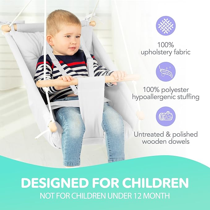 CaTeam Canvas Toddler Swing – Indoor/Outdoor Hanging Chair for Patio & Playroom with Safety Belt – Wooden Baby Seat for Ages 12+ Months – Ivory