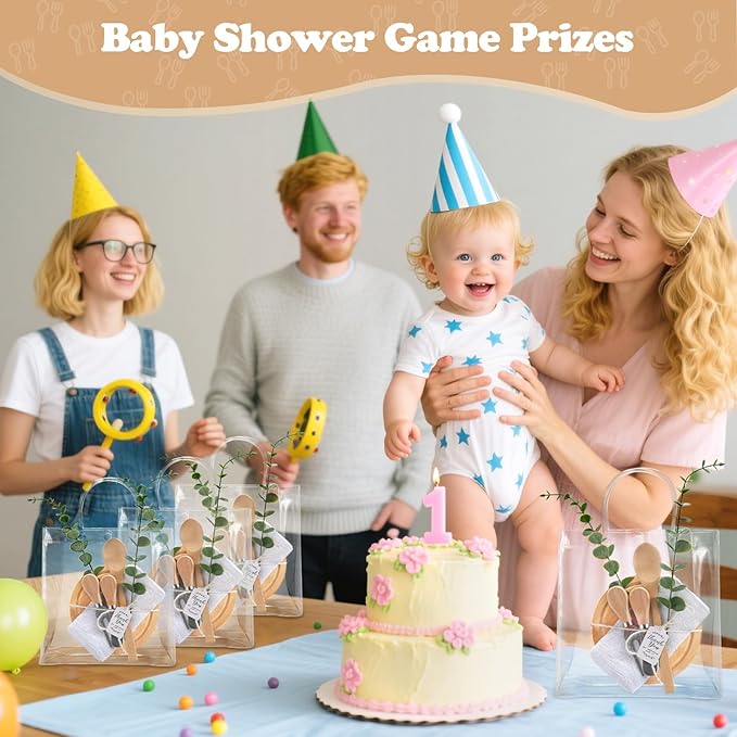 109Pcs Baby Shower Prizes for Game Winners 12 Sets Cheese Board Spoon Fork Butter Spreaders Plaid Towel Thank You Card and Gift Bags for Baby Shower Wedding Bridal Shower Favors (12, Bamboo Color)