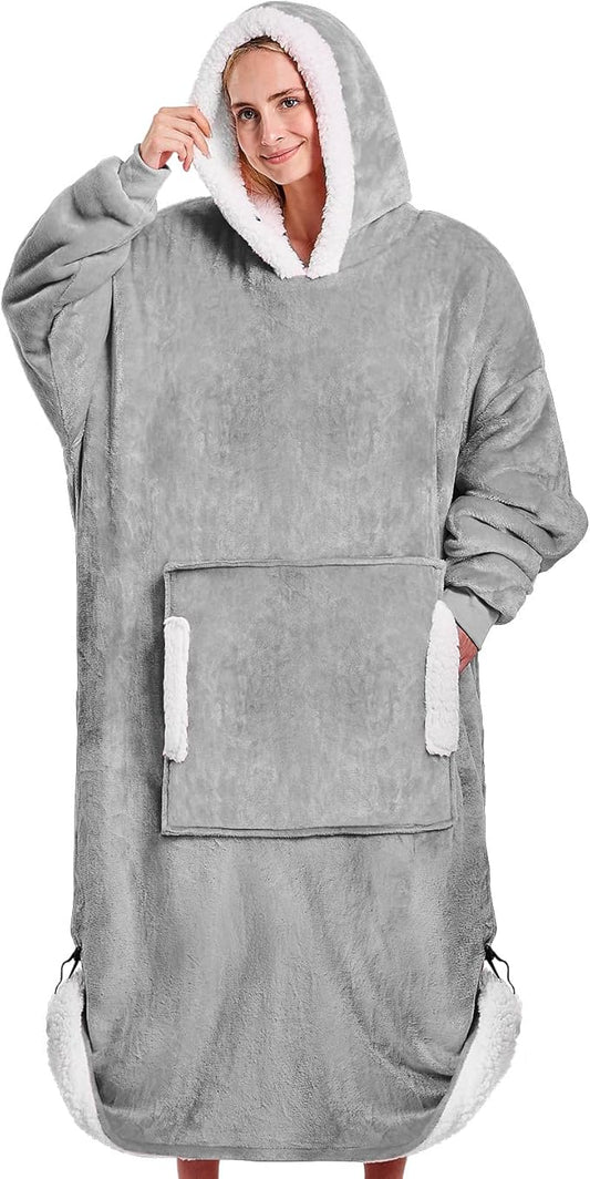 yescool Wearable Blanket Hoodie - birthday gifts for Adults/Women/mom, Flannel Cozy Sherpa Fleece Blanket Sweatshirt with Hood, Pocket & Sleeves,Largre, One Size Fits All (Cloud)