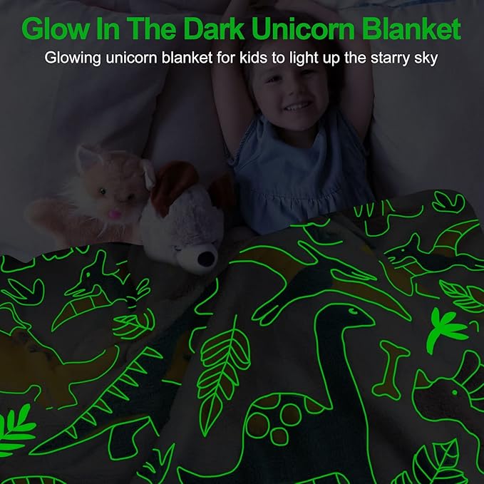 TEHALK Dinosaur Fleece Blanket, 40x60in, Glow in The Dark, Soft Throw Blanket for Boys/Kids, Birthday Gifts