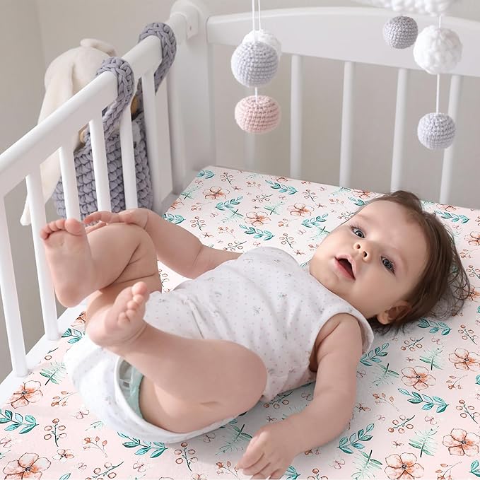 Pack n Play Flat Sheet 2 Piece Mini Crib Sheet Elastic Playard Sheet Set Portable Sheet Set Elastic Convertible Playmat Compatible Graco Pack n Play (Owl and Tree Bag) (Pink Flowers)