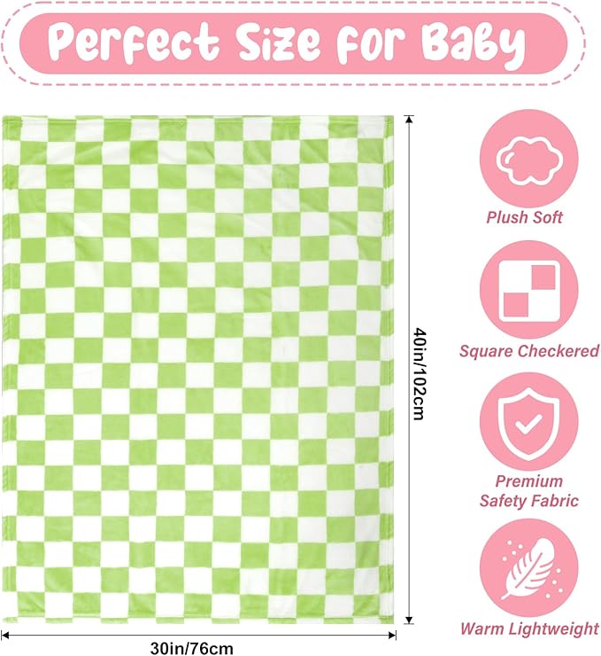 Plush Checkered Baby Blanket for Boys Girls Nursery, 30"*40" Warm Short Fleece Blanket Neutral for Infant Newborn, Small Fuzzy for Sleeping, Chenille or Stroller (Wine Green&White)