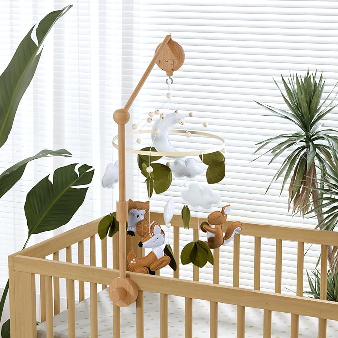 FEISIKE Woodland Animals Theme Bassinet Baby Nursery Mobiles with Modes Digital Music Box 3In1 Set-34 Inch Wooden Mobile Arm for Crib Mobile Hanger for Crib Baby Nursery Decor