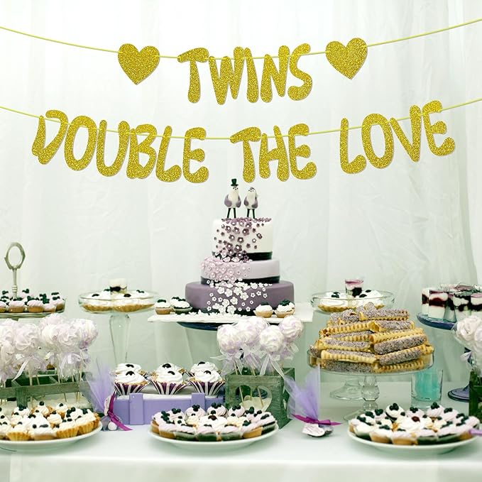 Twins Double The Love Gold Glitter Banner, NO-DIY,Twins Baby Shower/Twins Birthday Party Decorations