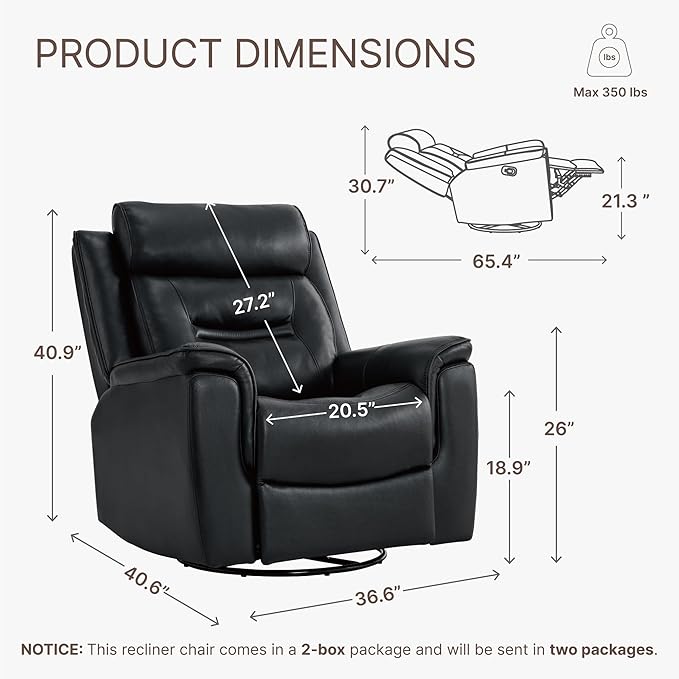 Leather Recliner Chair, 360° Swivel Rocker for Adults Manual Rocking Reclining Chair with Adjustable Backrest Footrest for Living Room Bedroom Home Theater Seating