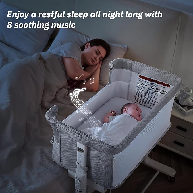 Electric Rocking Bassinet for Baby, Automatic Bedside Sleeper Electric Baby Cradle for Infant Newborn with Wheels, Smart Auto Rocking Crib 3 in 1 Bassinet 5 Heights Adjustable, Light Grey