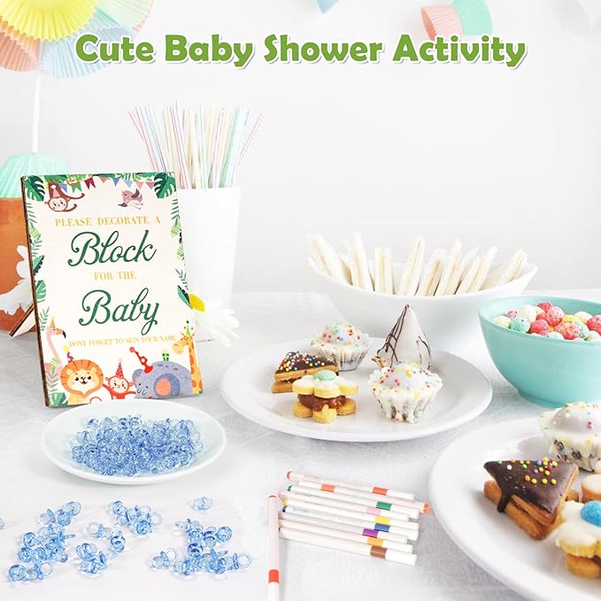 115 Pcs Baby Shower Games Sign Kit, Baby Shower Blocks to Decorate with 48 Wooden Blocks 50 Acrylic Baby Pacifiers 75 Stencils 24 Acrylic Paint Marker, Suitable for Gender Reveal Game