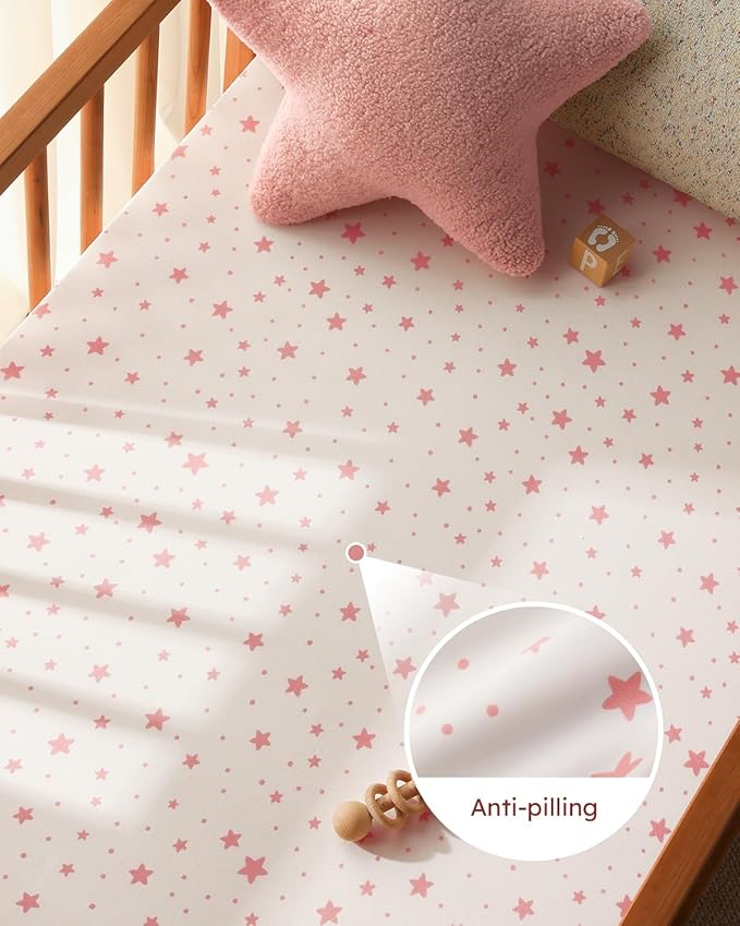 Pack and Play Sheets Fitted 3 Pack, Mini Crib Sheets for Pack N Play Mattress Stretchy Portable Playard Sheets, Soft Breathable Pink White Moon