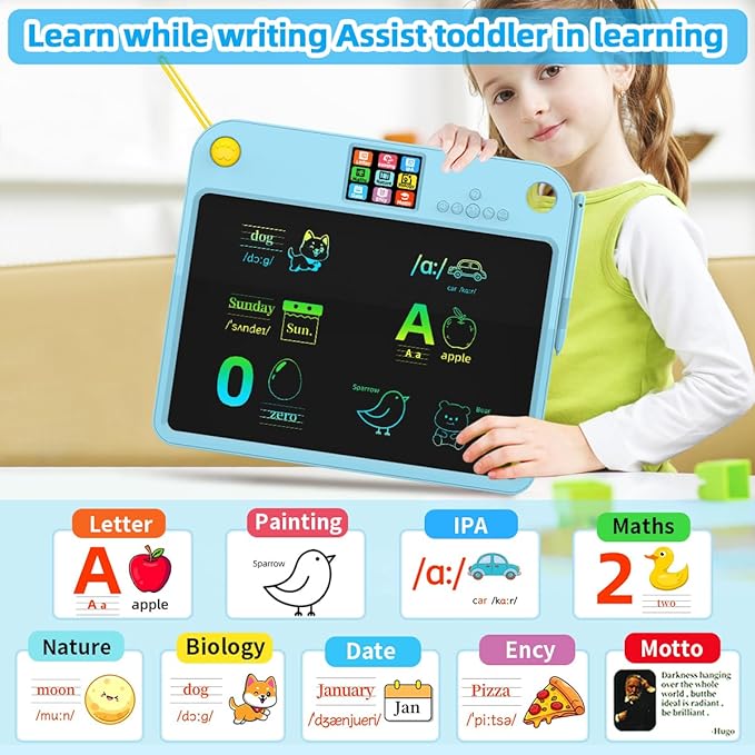 16 Inch LCD Learning Tablet Autism Toys for Kids 5-7 Dual-Screen Pad with 9 Learning Themes Lightweight 400g Type-C Charging Erasable Board with Extra Stylus Lock Switch for Travel Home School
