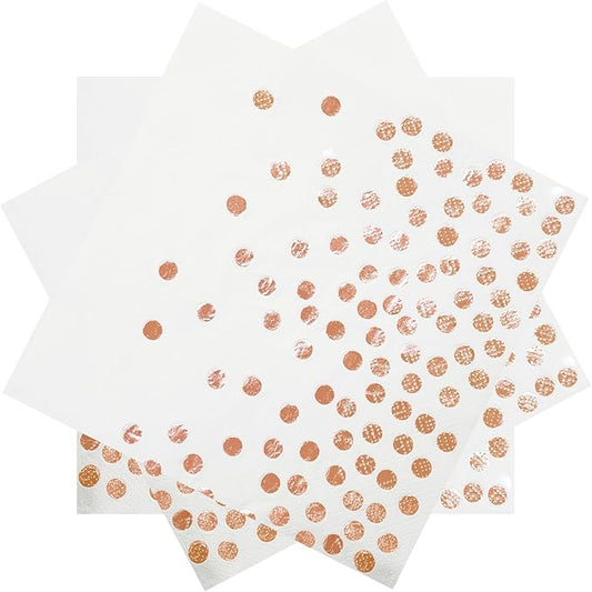 13 x 13 In White and Rose Gold Paper Napkins for Wedding Reception,Disposable Rose Gold Dot Beverage Napkins,50 Pack Cocktail Napkins for Bridal Shower, Birthday Party Supplies