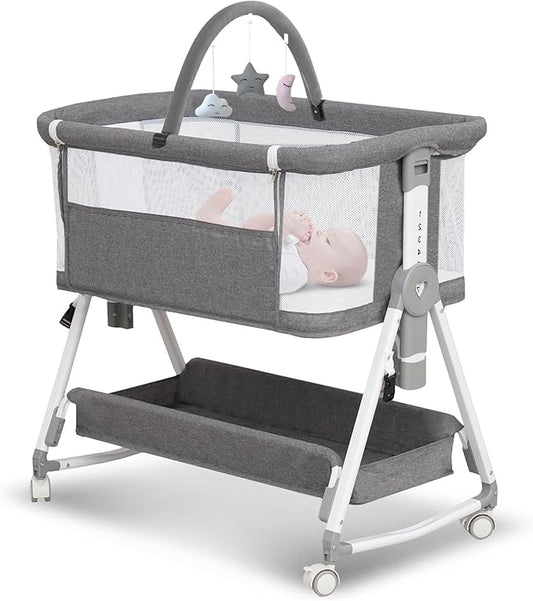 Baby Bassinet,3 in 1 Bedside Bassinet for Baby with Hanging Toys,Foldable Baby Bassinets Bedside Sleeper,4-Sided Mesh Bedside Crib with Wheels and Storage Basket,6 Height Adjustable (Light Grey)