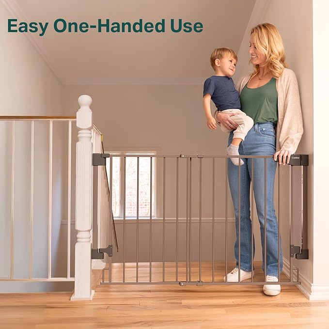 Cumbor 29.2–43" Baby Gate for Stairs, Wall-Mounted (Drill Required), No Bottom Bar Dog Gate, Auto Close Extra Wide Adjustable Walk Thru, Pet & Toddler Proof Gate, Top & Bottom of Stairways (Brown)