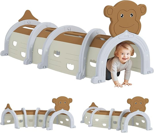 Qaba Monkey Tunnel, Toddler Tunnel for Kids Crawl and Climb Through, Kids' Play Structure Indoor Outdoor, 4 Sections, Brown