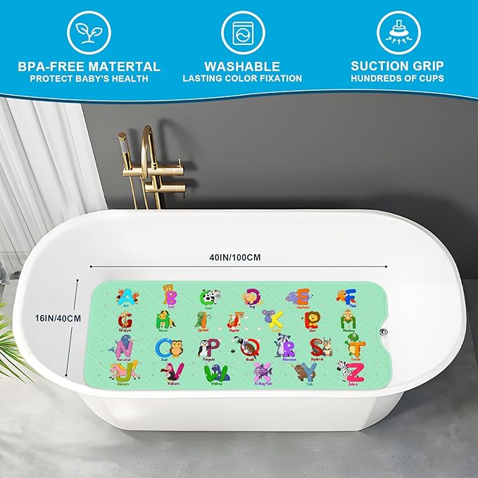 XIYUNTE Baby Bath Mat for Tub Non Slip Kids Bath Mat - 40''x16'' Extra Long Cartoon Baby Bath Tub Mat Eco-Friendly Toddler Bath Mats with Suction Cups, Easy to Clean & Easy Drying, Alphabet(Green)