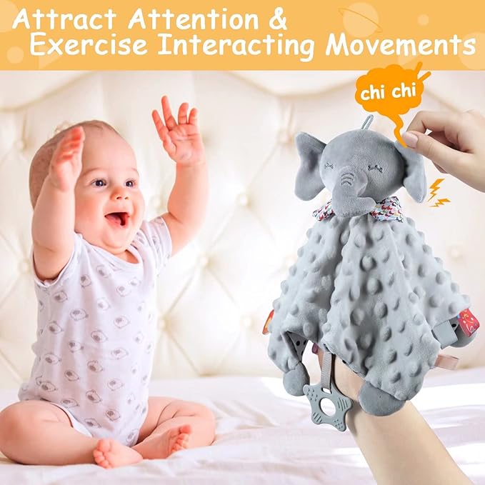 Baby Security Blanket with Tags Teether Elephant Blanket Soft Baby Blankets for Boys and Girls Baby Stuff for Newborn Toys Snuggle Toy Baby Lovey Dotted Blanket Elephant Soothing Toy