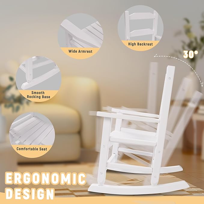 Toddler Rocking Chair Kids Wooden Indoor for Comfy Recliner Rocker for Baby Children Ages 3-6 Outdoor Lounge Chair Girls Playroom Christmas Gift White