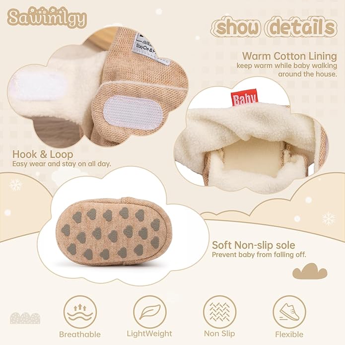 Sawimlgy Newborn Infant Baby Girl Boy Cotton Booties Stay On Sock Slippers Soft Bedroom Shoes Non-Skid Ankle Boots With Grippers Toddler Crib Warm Shoe First Walker Birthday Shower