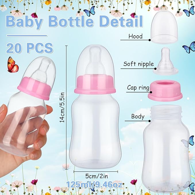 TrelaCo Bottle Chug Baby Shower Game Sign 20 Pcs Baby Bottles Shower Favor Plastic Greenery Flowers Bear Elephant Butterfly Gift Set for Gender Reveal Party (Wildflower,Blue)