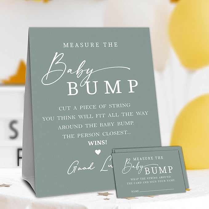 Dark Green Baby Shower Measure The Baby Bump, Measure Mommy's Belly Game Set - 1 Self-Standing Sign And 50 Tickets - Gender Reveal, Baby Shower, Baby Announcement Activity & Party Favor Supplies - A12