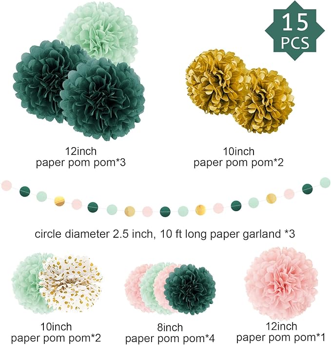 AOBKIAT Wedding Birthday Party Decorations Set,15PCS Sage Green Pink Tissue Paper PomPoms Circle Dots Paper Garland String Hanging Backdrop for Baby Shower, Boho Bridal Wedding Theme Decor
