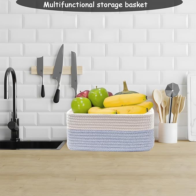 COMFY-HOMI 13" x 8.5" x 5.1" Storage Baskets for Organizing | Cotton Rope Woven Basket | Toy Storage Bin Box | Basket for Shelves, Closet Organizer Bin, Decorative Closet Shelf, 3 Pack, white/bule