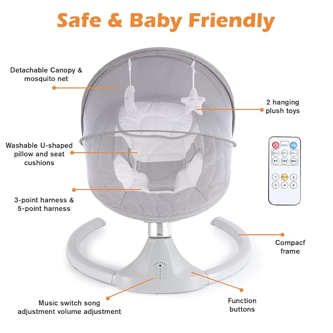 Baby Swing 5 Speed Remote & Bluetooth 12 Preset Lullabies with Remote Control,3-Point Widening Harness,Infant Rocker for Breastfeeding Playtime,ASTM F2167 Certified (0-12 Months)