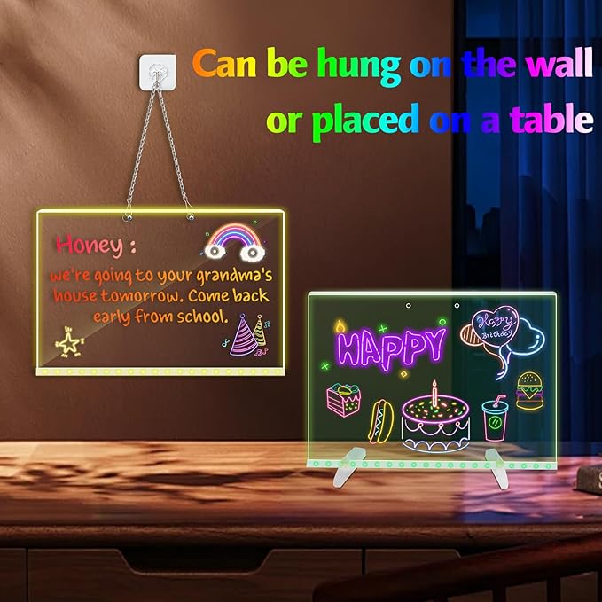 LED Note Board with Colors, 13.8"X10" 4 Modes & 7 Colors Led Acrylic Message Board with Light, Light up Acrylic Dry Erase Board, Led Drawing Board with Stand, Hanging Chain, 7 Markers, Spray Bottle