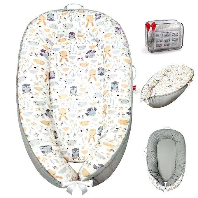 Baby Lounger for Newborn 0-24 Months, Baby Nest Cover Breathable and Soft Cotton, Infant Lounger with U-Shaped Safety Bumper for Cozy Comfort Baby Essentials (Owl Rabbit)