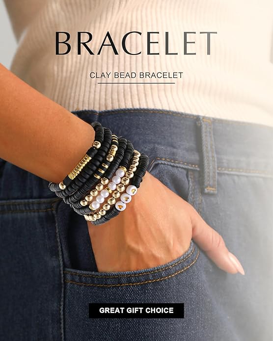 Friendship Bracelets Trendy Heishi Clay Bead Bracelets Stack Gold Beaded Stretch Bracelets for Women Boho Stackable Bracelets Bulk Cute Preppy Jewelry