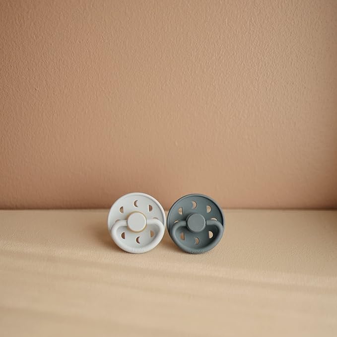 FRIGG Moon Natural Rubber Baby Pacifier | Made in Denmark | BPA-Free (Powder Blue/Slate, 0-6 Months) 2-Pack