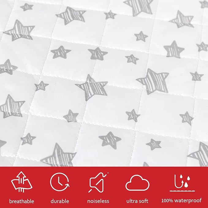Crib Mattress Protector Waterproof 2 Pack, Quilted Crib Mattress Pad Cover 52" x 28" Extra Soft Breathable Toddler Bed Cover Stretch Up to 8", Grey & White Star