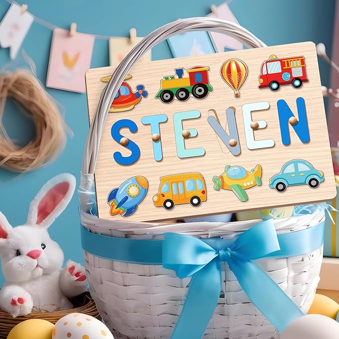 Personalized Name Puzzle for Kids, 1st Birthday Gifts for Girl Boy, Easter Basket Stuffers for Toddler, Custom Easter Christmas Baby Gifts, Toddler Learning Toys, Wooden Name Puzzles for Toddlers 1-3