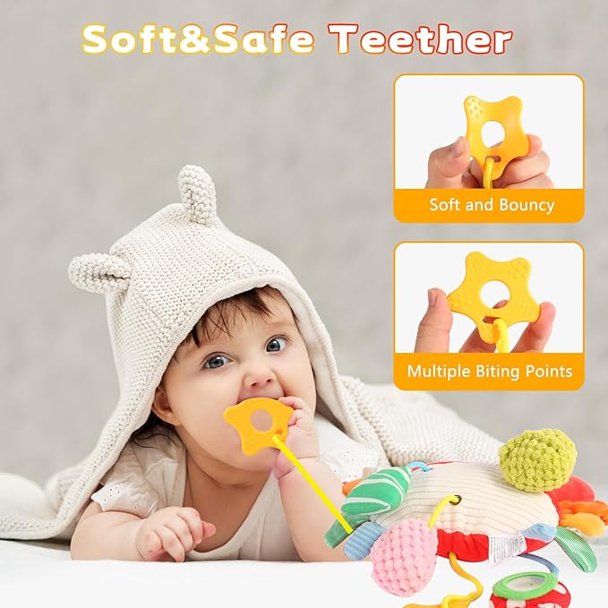 Car Seat Toys for Babies 0-6 Months, Carseat Toys Hanging with Clamp, Mirror, Bell, Rattles, Crinkle, Baby Crab Stroller Toy for Infant Boys & Girls