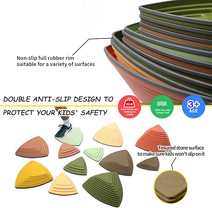 makarci Stepping Stones for Kids 12pcs Obstacle Courses Play Indoor Outdoor, Full Rubber Rim Plastic Hilltop for Kids Balance and Integration Improvement Age 3 4 5 6 7 8 + (Forest)