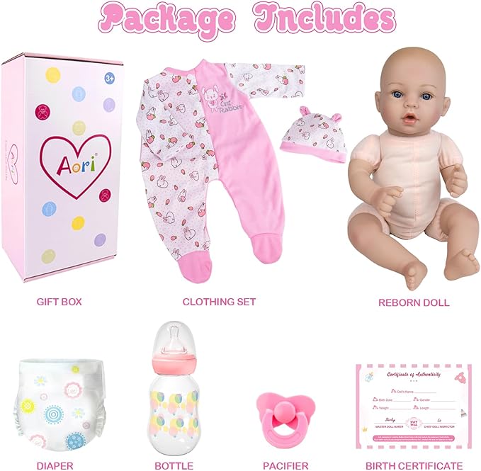 Aori Lifelike Reborn Baby Dolls - 18'' Realistic Newborn Girl Handmade Baby Doll with Pink Outfit & Birth Certificate - Weighted Body for Role Play, Gift for Kids Ages 3+