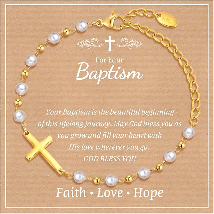 Baby Baptism Cross Bracelet Gift : 18k Gold Plated/Silver Delicate Pearl Cross Bracelets Kids Daughter Granddaughter Birthday First Communion Confirmation Gifts Christian Jewelry for Boys Girls