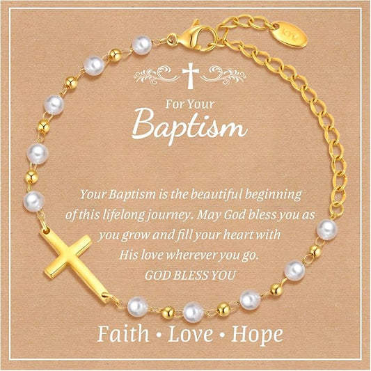 Baby Baptism Cross Bracelet Gift : 18k Gold Plated/Silver Delicate Pearl Cross Bracelets Kids Daughter Granddaughter Birthday First Communion Confirmation Gifts Christian Jewelry for Boys Girls