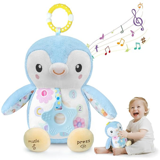 Baby Toys 0-6 Months,Musical Plush Stuffed Animal with Rattles & Crinkle Paper,Hanging Ring for Sensory Play,Tummy Time Toys for 0-12 Months Girls, Baby Girl Gift (Blue)