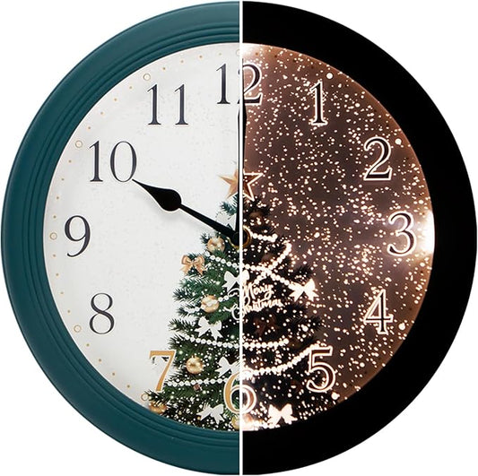 Evelyne LED Round Wall Clock - Battery Operated, Night-time Sensor - Easy-to-Read Analog for Bedroom, Office & Living Room (Christmas Tree)