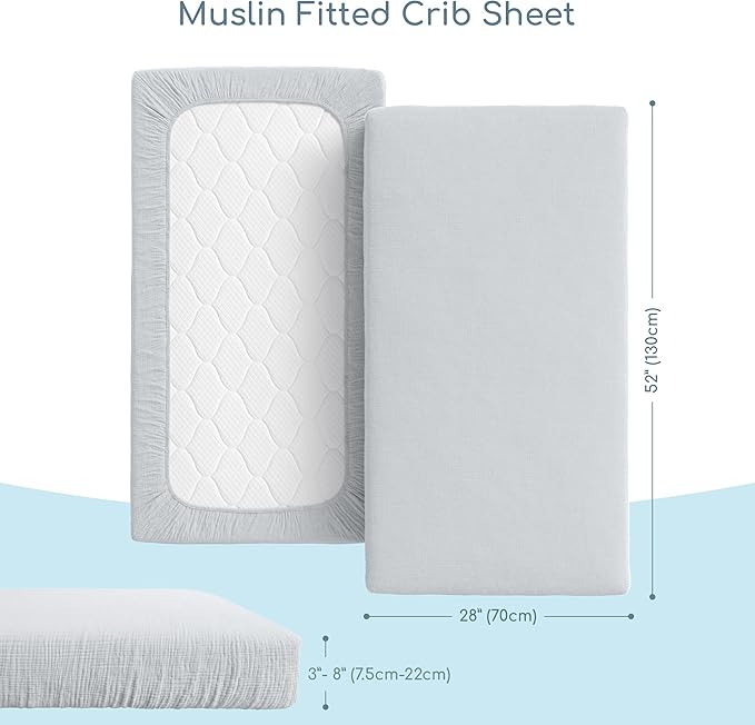 Muslin Crib Sheets, 100% Organic Cotton, Breathable and Ultra-Soft, Standard Crib Sheet Mattress (28"x 52") for Girls and Boys, Neutral Fitted Baby Crib Sheet (Light Grey)