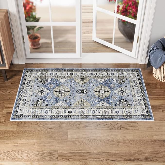 Dripex Vintage Washable Area Rug - 2x4 Indoor Door Mat Oriental Medallion Accent Throw Rug Distressed Foldable Non-Slip Low-Pile Bathroom Kitchen Rug for Entryway Laundry Room Living Room Bedroom