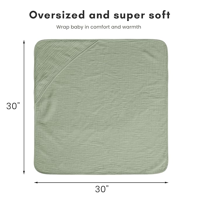 Konssy 2-Pack Muslin Hooded Baby Towels, 100% Cotton, Ultra-Soft & Absorbent Baby Bath Towels with Hood for Newborn & Infant (Fog Green, Sprout, 30'' x 30'')