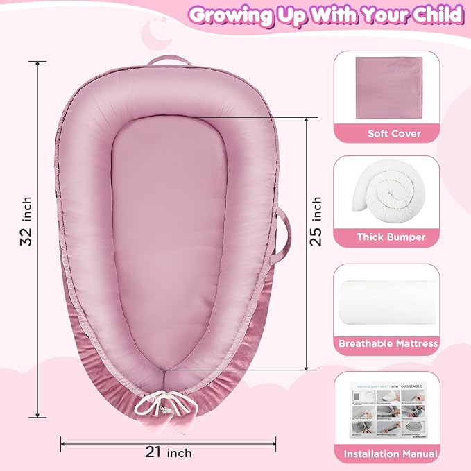 Baby Lounger - Baby Lounger for Newborn 0-24 Months, Breathable & Soft Cotton and Velvet Cover Baby Nest, Portable Cozy Infant Lounger for Home and Travel, Ideal Baby Essentials & Shower Gifts